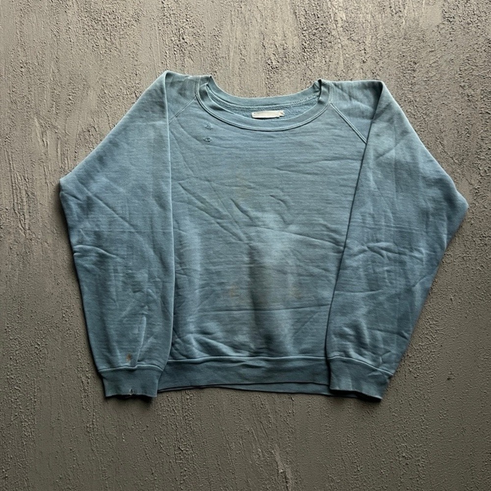 Vintage Blank Sweatshirt Large Blue 1960s Raglan Distressed Sun Faded